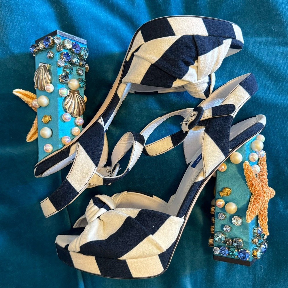 Dolce & Gabbana Embellished Striped Canvas Sandals Size 37